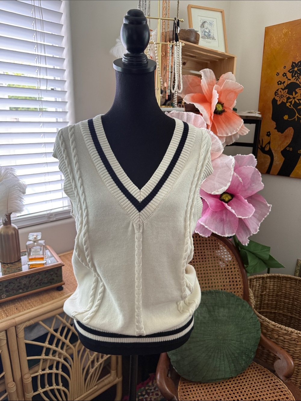 Aritzia Sunday Best Cream & Navy Cable Knit Wool Blend Heritage Sweater Vest